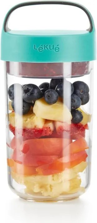 Sticla cu compartimente Lekue On The Go 1010225, 600 ml, -20/+100 °C, Inchidere ermetica, Maner, Turcoaz