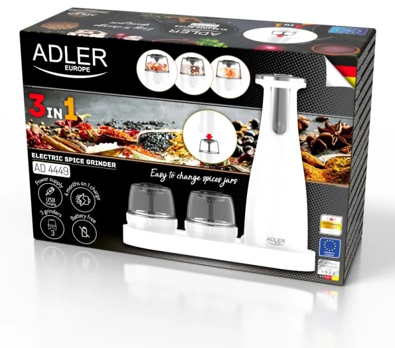 Rasnita electrica cu 3 recipiente condimente Adler AD 4449W, 150 ml, USB, Baterie Li-Ion 1500mAh, Lame ceramice, Alb