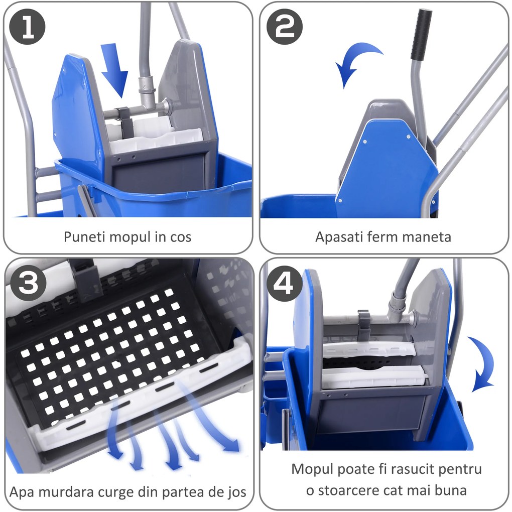 HOMCOM Cărucior Profesional de Curățenie cu Coș Suspendat, Raft și Găleată de 25L cu Storcător, 72x49,5x95 cm, Albastru | Aosom Romania