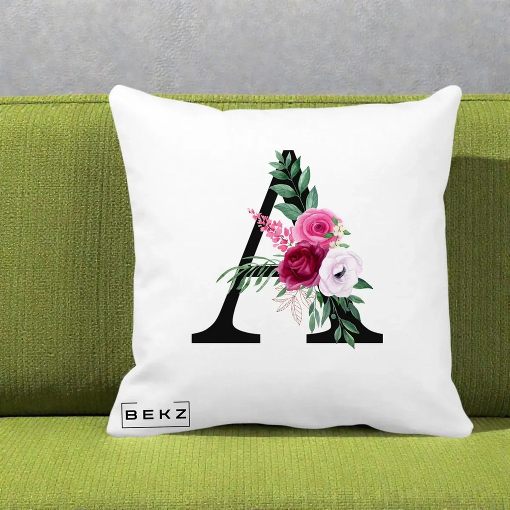 Cadou Personalizat - Perna Personalizata Monograma Florala Litera A, 40x40 cm, Alba Mata, Husa Detasabila, Perna Inclusa, BEKZ®