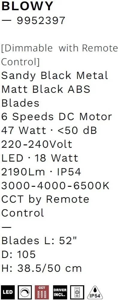 Lustra LED cu ventilator si telecomanda exterior IP54 BLOWY