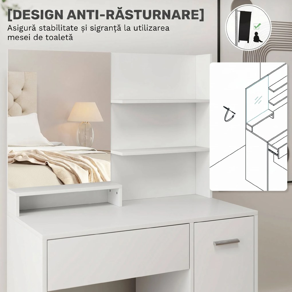 HOMCOM Masă de Toaletă cu Oglindă și Taburet, 80x40x132 cm, Alb | Aosom Romania