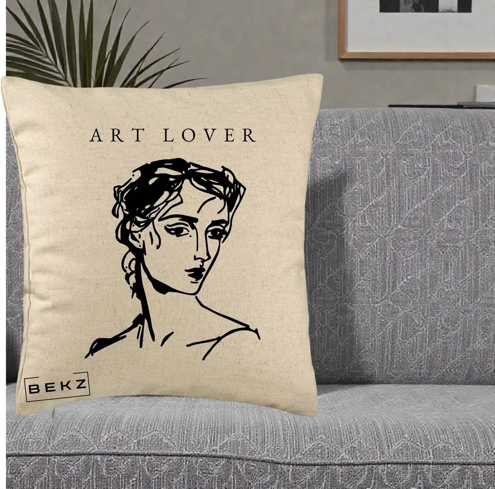 Perna Decorativa Art Lover Portret Grafic, 40x40 cm, Bej, Husa Detasabila, Perna Inclusa, BEKZ®