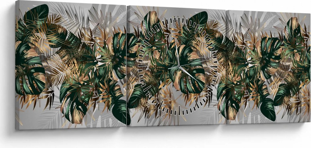 Tablou - Frunze tropicale, Galben - auriu (cu ceas) (90x30 cm)