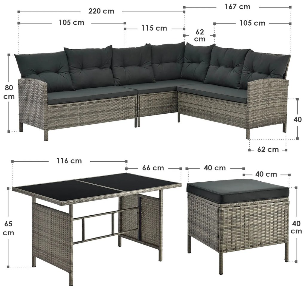 Set Lounge Polyrattan, accente gri Manacor cu perne gri