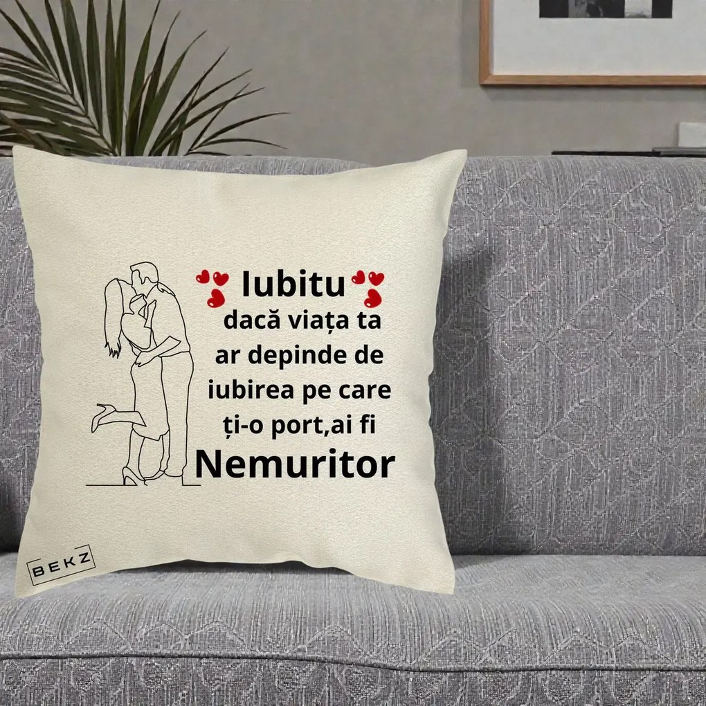 Cadou pentru Iubit - Perna Personalizata Iubitu Nemuritor cu Cuplu Line-Art si Inimi Rosii, 40x40 cm, Ecru, Husa Detasabila, Perna Inclusa, BEKZ®