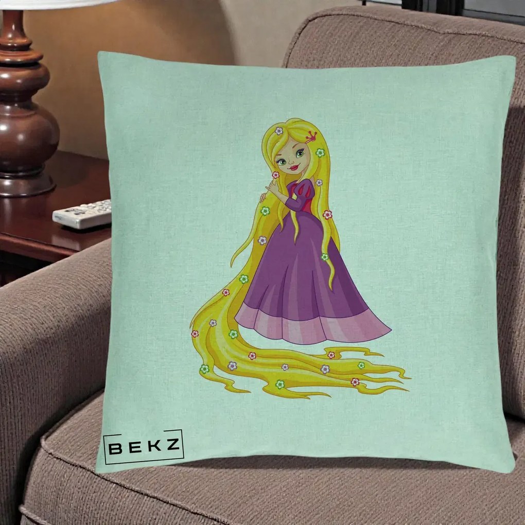 Perna Personalizata Rapunzel Par Lung Floral, 40x40 cm, Verde Menta, Husa Detasabila, Perna Inclusa, BEKZ®