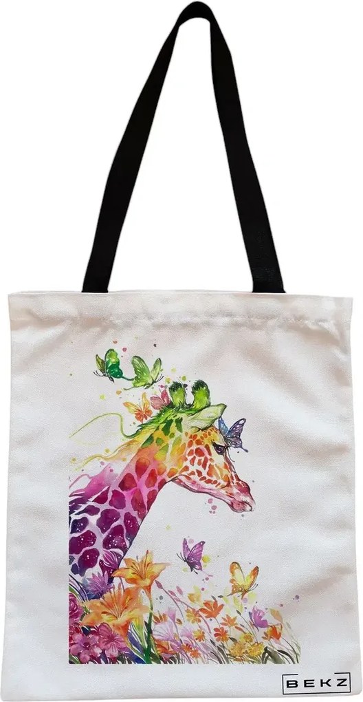 Sacosa de Panza pentru Cumparaturi, Geanta Tote, model Colorful Giraffe, Cu fermoar, 38x34.5 cm, Alba, BEKZ®