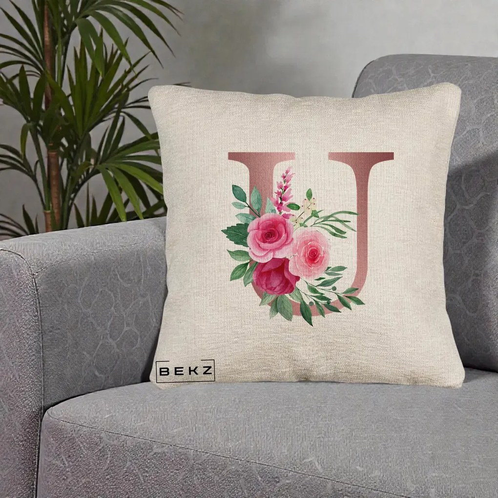 Cadou Personalizat - Perna Personalizata Monograma Rose Gold Litera U, 40x40 cm, Bej Canapea, Husa Detasabila, Perna Inclusa, BEKZ®