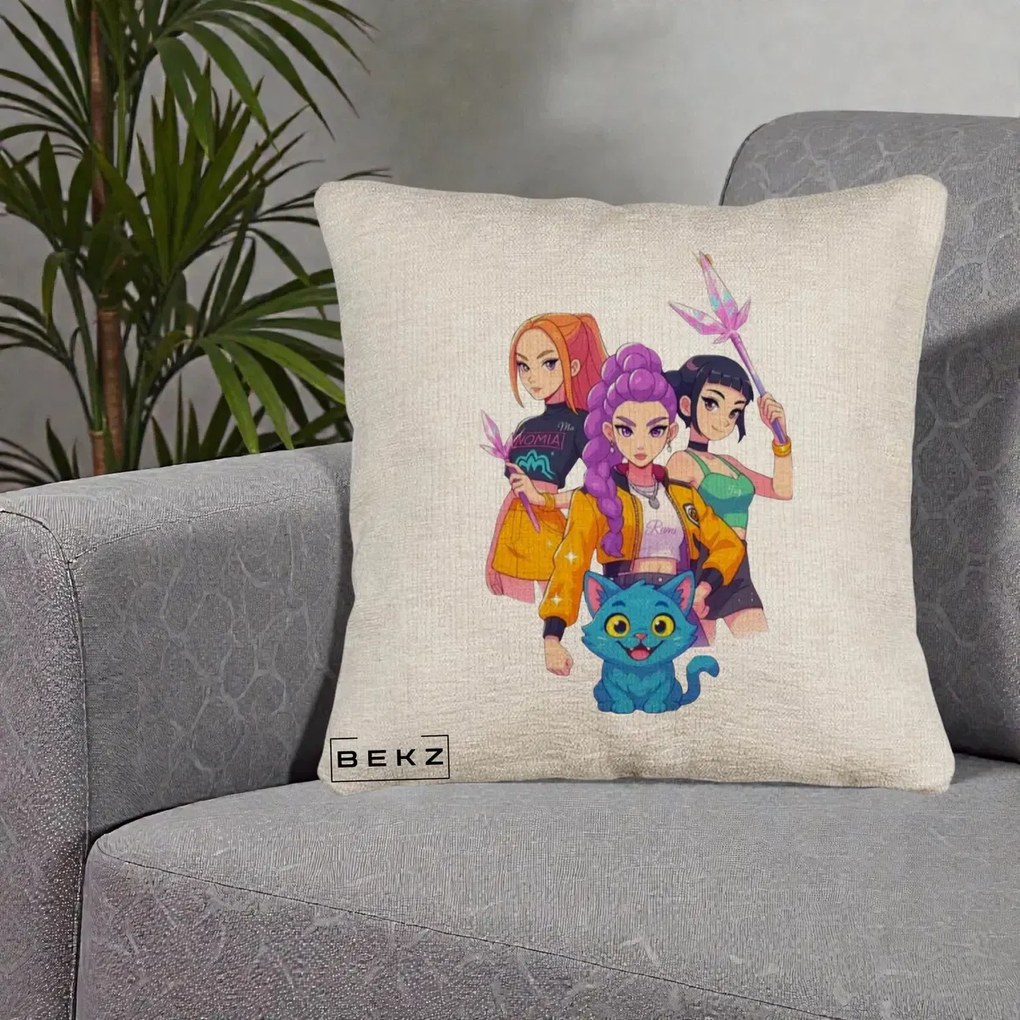 Perna Personalizata K-pop HUNTRX Trio cu Pisica si Cristale, 40x40 cm, Bej Canapea, Husa Detasabila, Perna Inclusa, BEKZ®