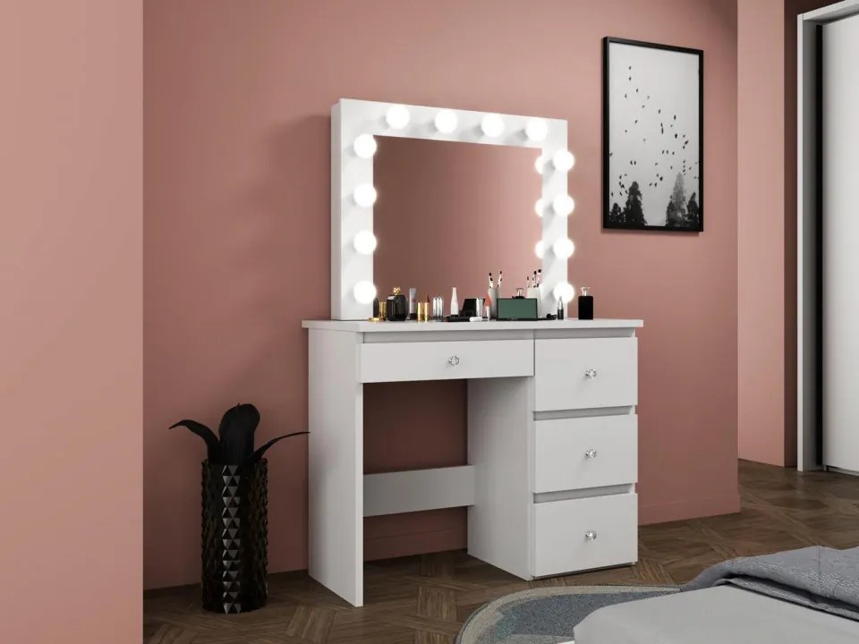 SEA538 - Set Masa toaleta, 94 cm, cosmetica machiaj oglinda masuta vanity, oglinda cu LED-uri cu sau fara scaun - Alb