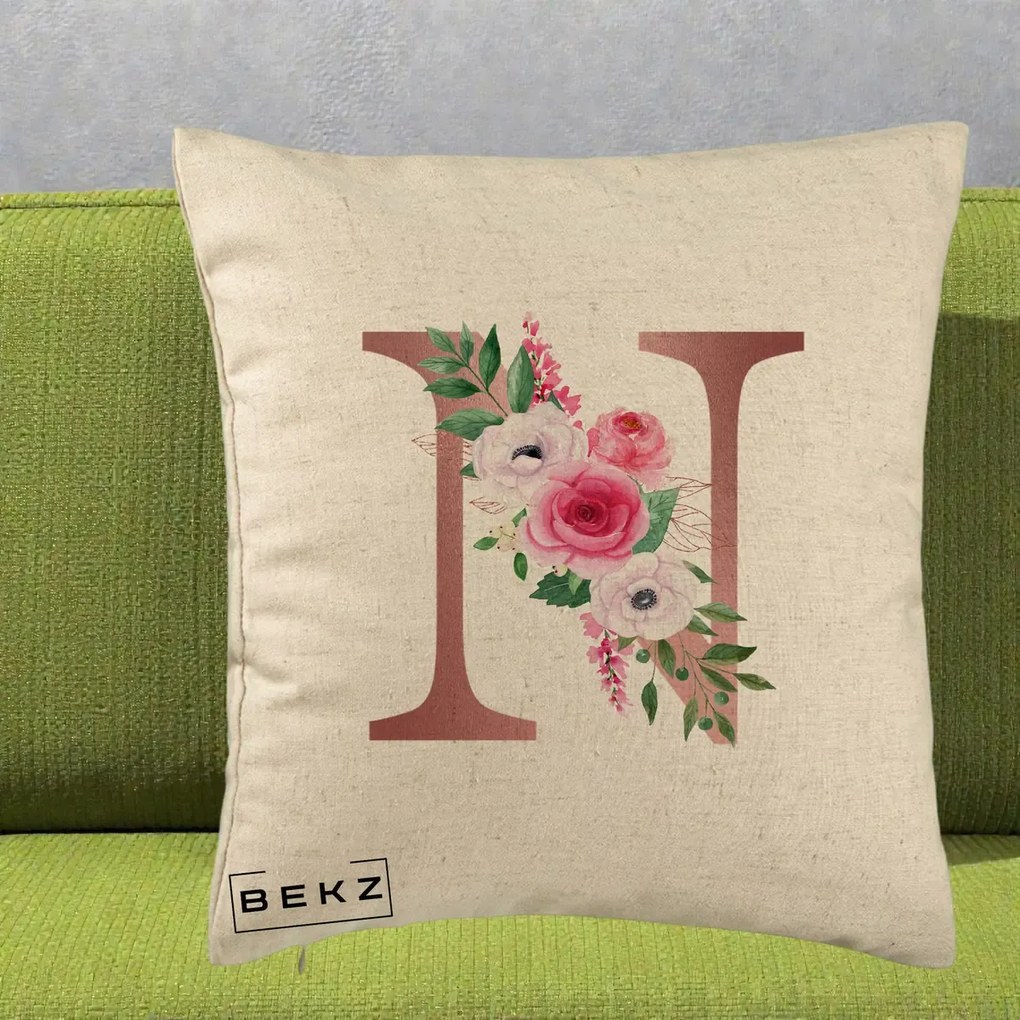 Cadou Personalizat - Perna Personalizata Monograma Rose Gold Litera N, 40x40 cm, Bej, Husa Detasabila, Perna Inclusa, BEKZ®