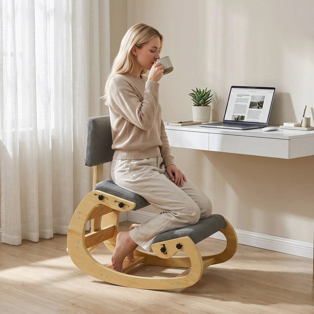 HOMCOM Scaun Ergonomic pentru Genunchi cu Spatar, Balansoar, Postural, In si Lemn Mesteacan, Gri | Aosom Romania