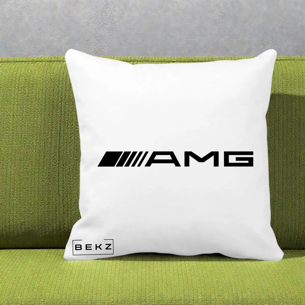 Perna Personalizata cu emblema Mercedes-AMG, 40x40 cm, Alba Mata, Husa Detasabila, Perna Inclusa, BEKZ®