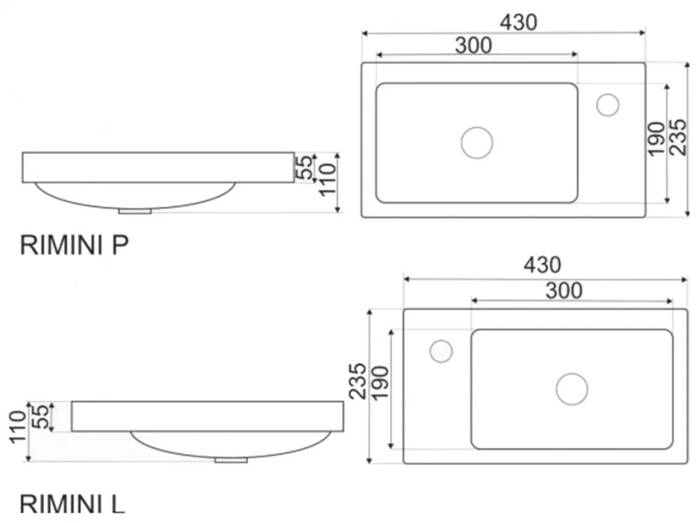 RIMINI-P Lavoar design ceramic Rimini, instalare pe dreapta 43x23 cm