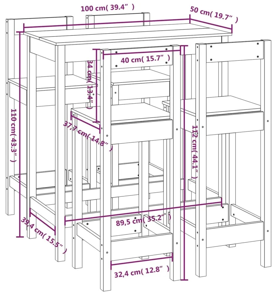 Set mobilier de bar, 5 piese, gri, lemn masiv de pin