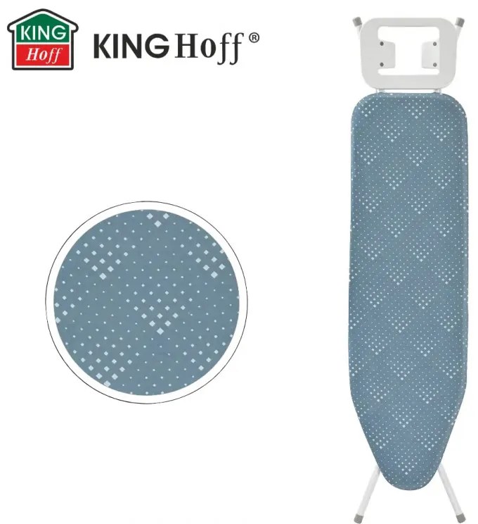 Masă de călcat Kinghoff KH 1938, 107.5x30.5 cm, 4 poziții de reglare, Suport pentru fier de călcat, albastru