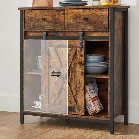 Dulap De Depozitare, Cu 1 Sertar Si Usa Glisanta De Hambar, Maro Rustic Si Negru, 70 Cm