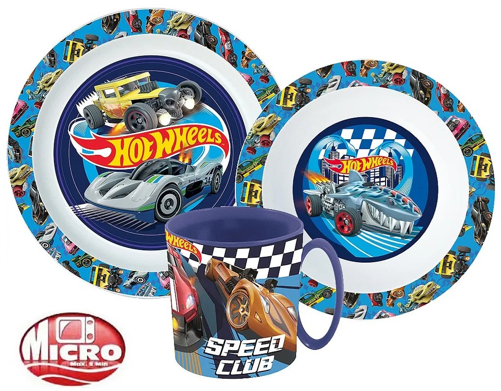 Hot Wheels Blue Fire set de masă, set din plastic micro cu cană de 350 ml