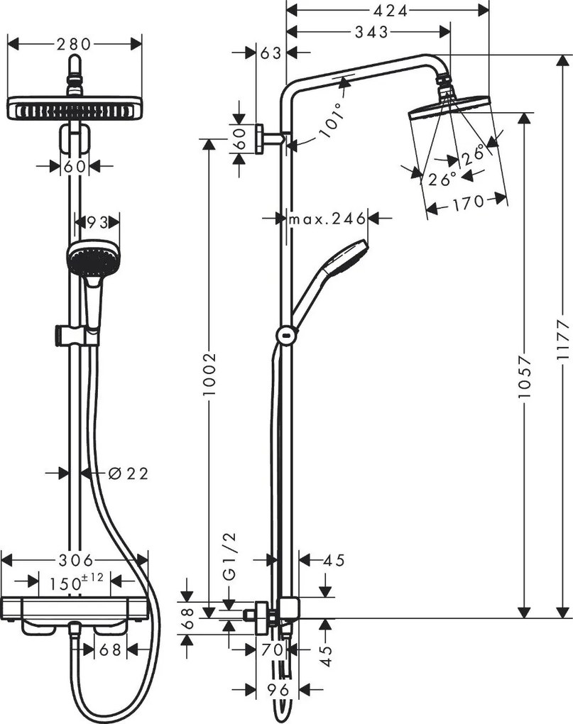 Sistem de dus termostatic Hansgrohe Croma E 280, 1 jet crom - 27630000