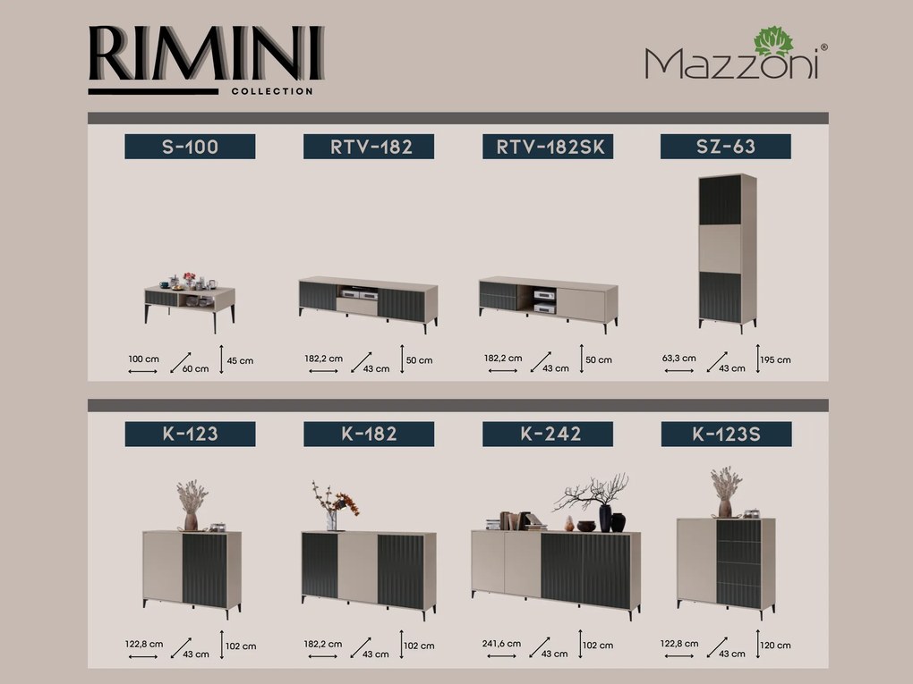 MAZZONI Gold Medal 2024 Comodă RIMINI K-242 Bej Taupe/Negru Mat - O COMODĂ MODERNĂ CU FRONTURI TEXTURATE