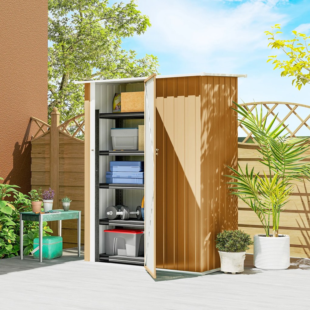 Outsunny Căsuță de Grădină 1.07m² din Oțel Zincat, Căsuță pentru Unelte cu Ușă Blocabilă, Acoperiș Înclinat, 142x86x189 cm, Galben | Aosom Romania