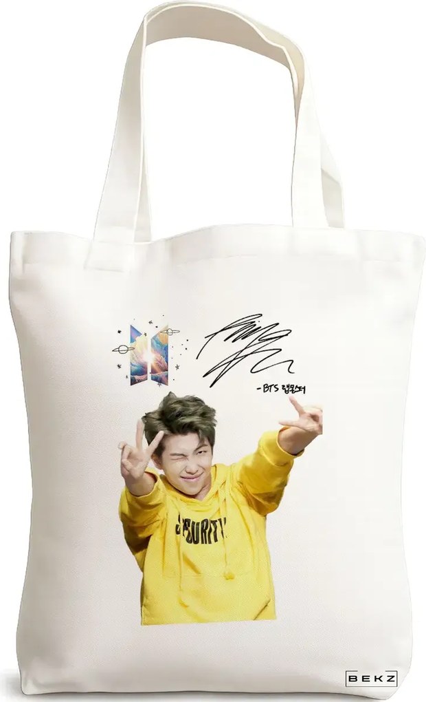Sacosa de Panza pentru Cumparaturi, Geanta Tote, model BTS RM cu semnatura, 38x34.5 cm, Alba, BEKZ®