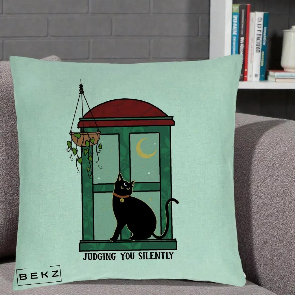 Perna Decorativa Judging You Silently Pisica Geam, 40x40 cm, Verde Menta, Husa Detasabila, Perna Inclusa, BEKZ®