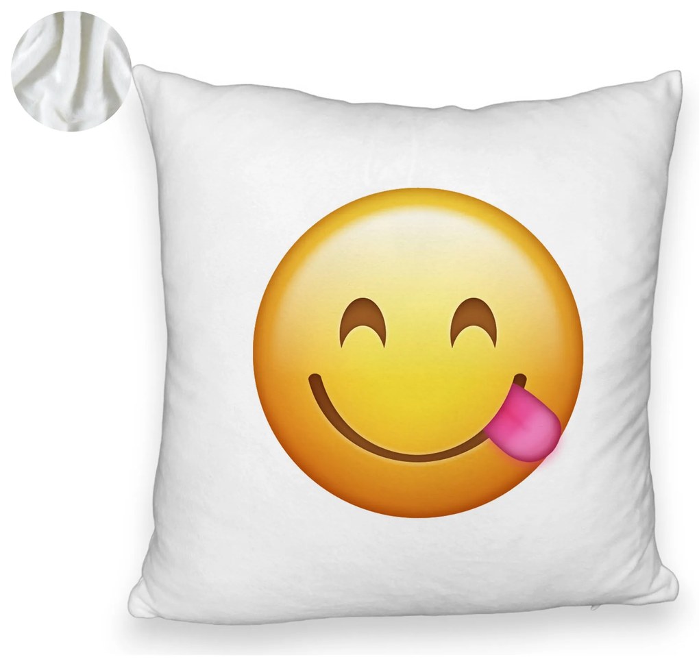 Perna Decorativa Fluffy, Model Emoji cu Limba, 40x40 cm, Alba, Husa Detasabila, Burduf