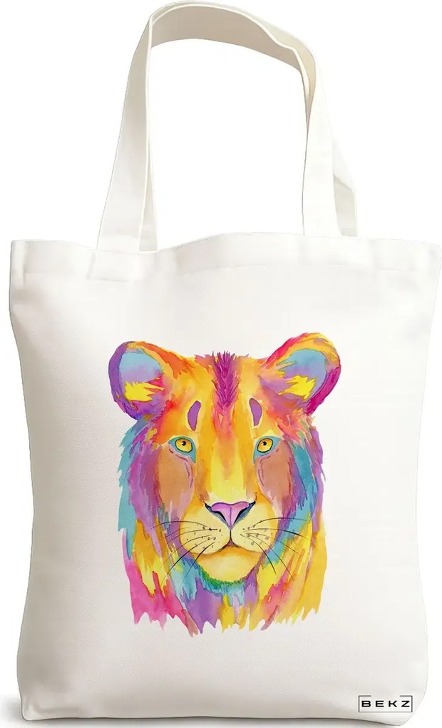 Sacosa de Panza pentru Cumparaturi, Geanta Tote, model Watercolor Lion, 38x34.5 cm, Alba, BEKZ®