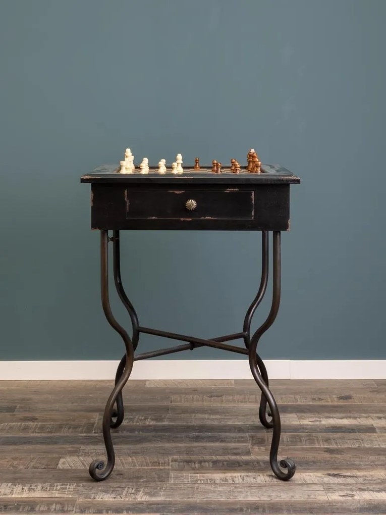 Masuta laterala cu tabla de sah, din metal si lemn, cu aspect vintage, Check Mate