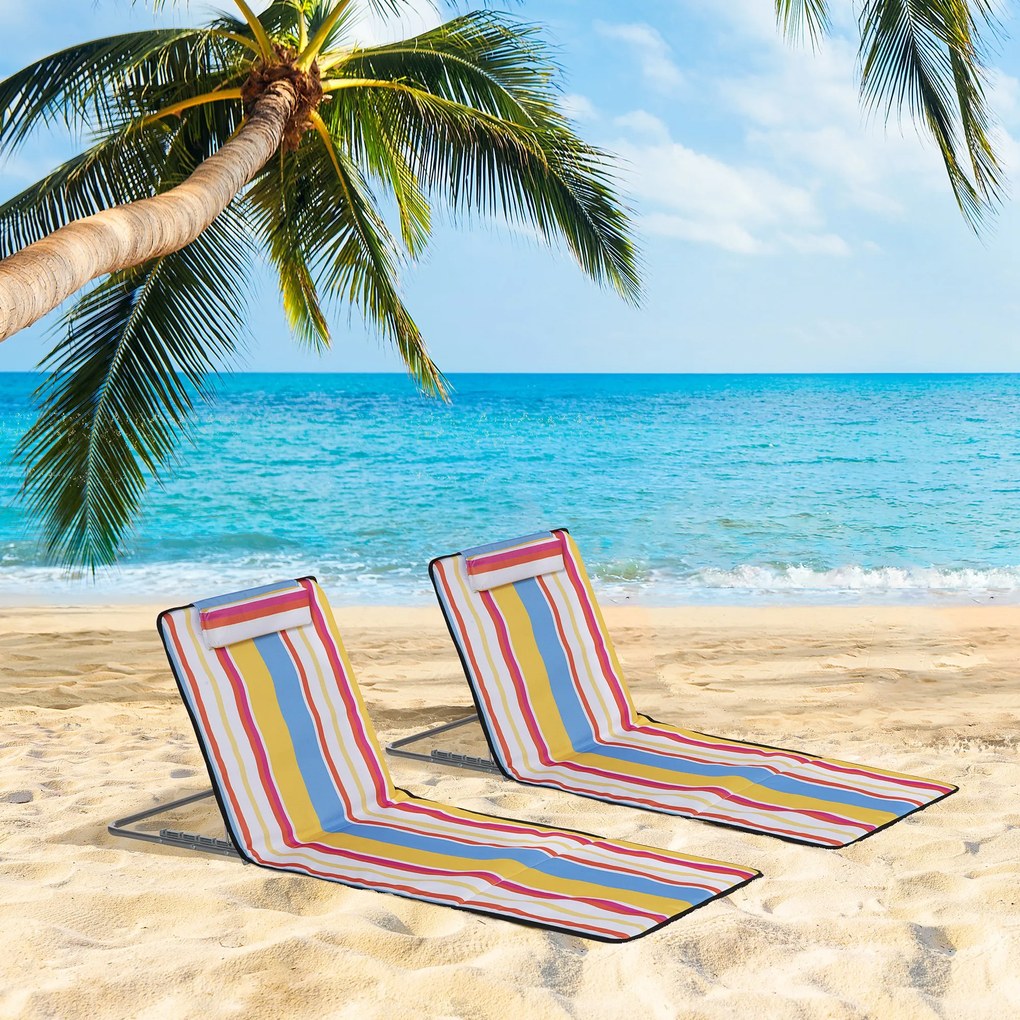 Outsunny Set 2 Șezlonguri de Plajă cu Spătar Reglabil pe 5 Niveluri, Tetieră și Geantă de Transport, 124x53x35-45 cm, Multicolor | Aosom Romania