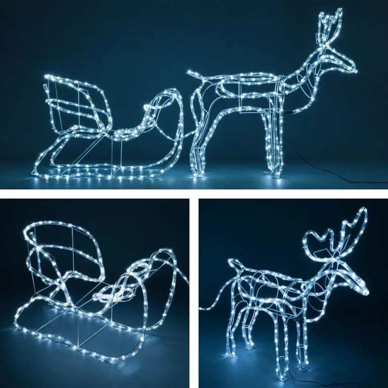 Decorațiune de Crăciun ren cu sanie, alb rece, 140 cm