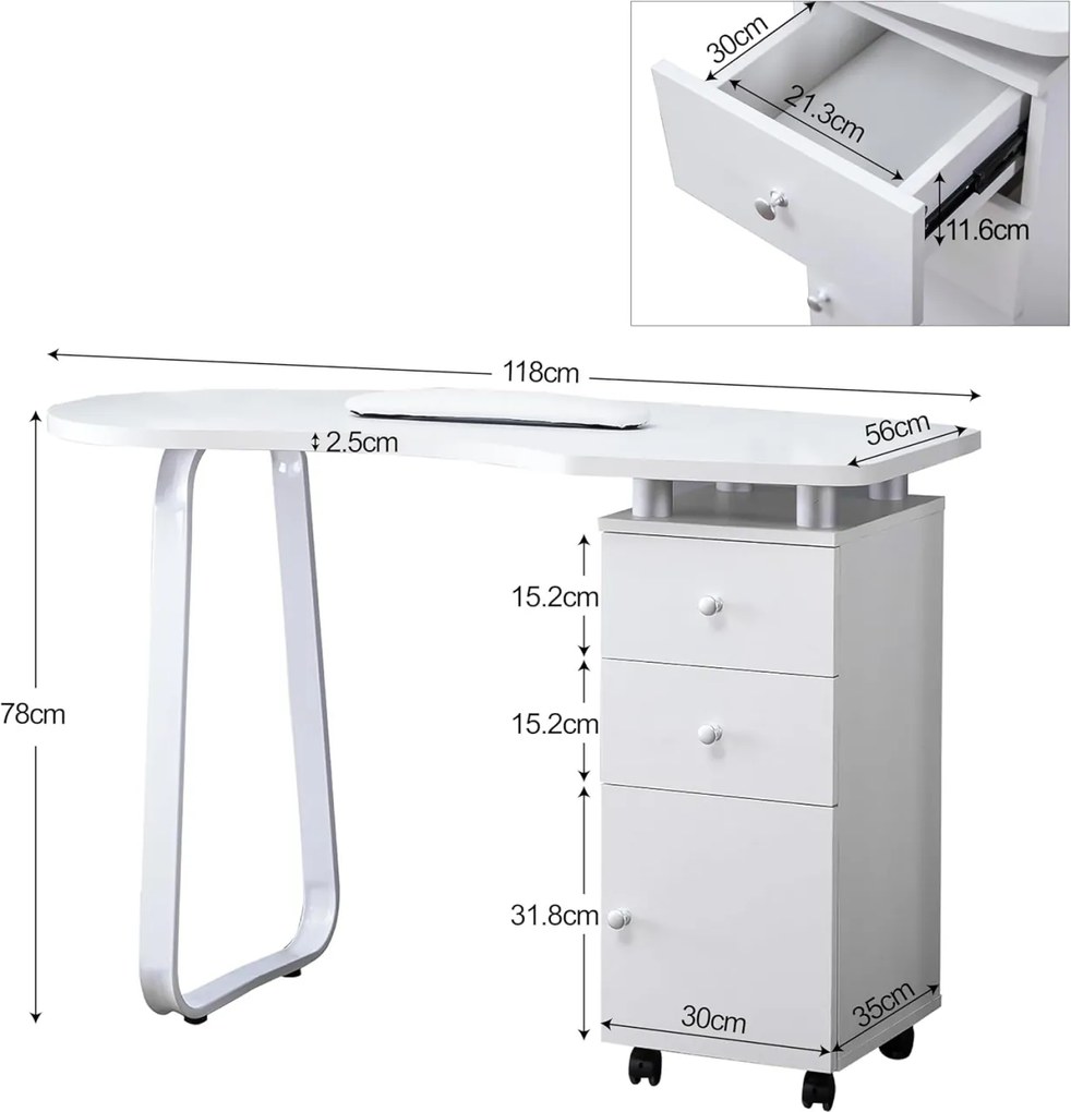 MANIA204 - Masuta manichiura, 118 cm, cu pernita, masa cosmetica - Alba