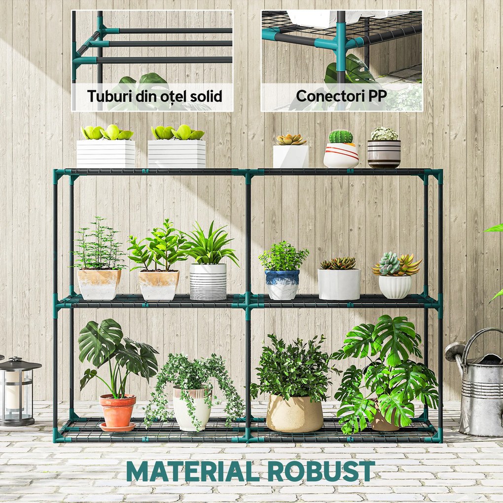 Outsunny Suport Vertical pentru Plante cu 3 Niveluri din Oțel și Plastic, Suport Ghivece pentru Interior și Exterior, Grădină, Balcon, 143x48x100 cm, Verde Închis | Aosom Romania