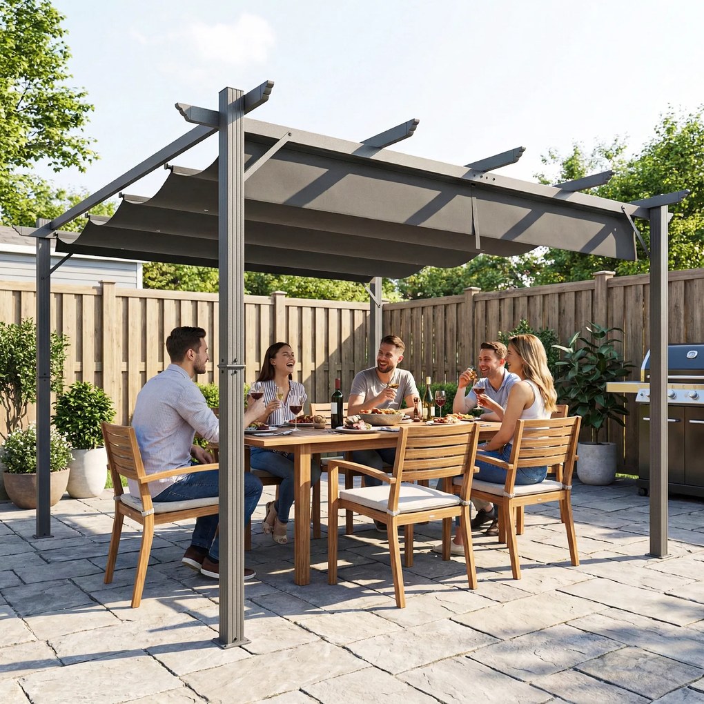 Outsunny Pergolă de Grădină 3x3 m cu Acoperiș Retractabil Protecție UPF30+ Drenaj Cadru din Aluminiu pentru Patio Exterior Gri Închis | Aosom Romania