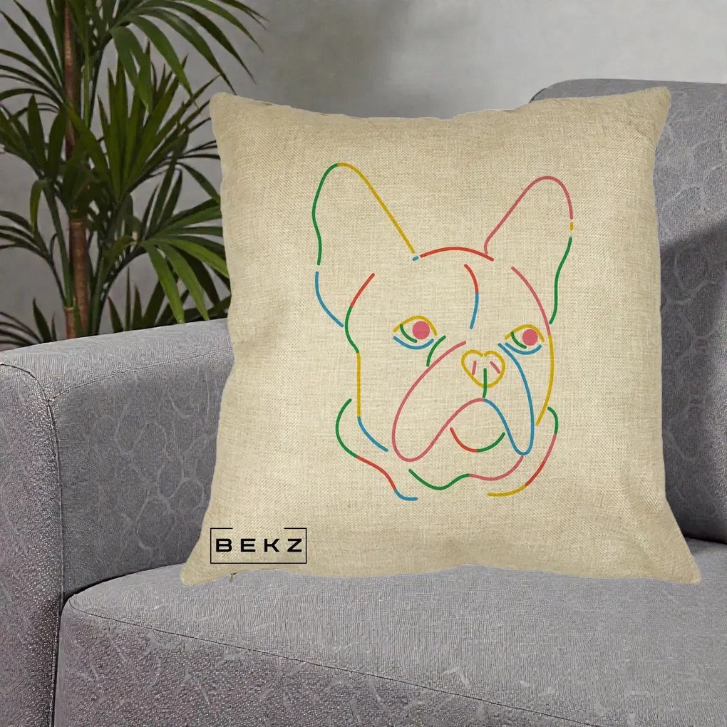 Perna Decorativa Bulldog Francez Line Art Curcubeu, 40x40 cm, Crem, Husa Detasabila, Perna Inclusa, BEKZ®