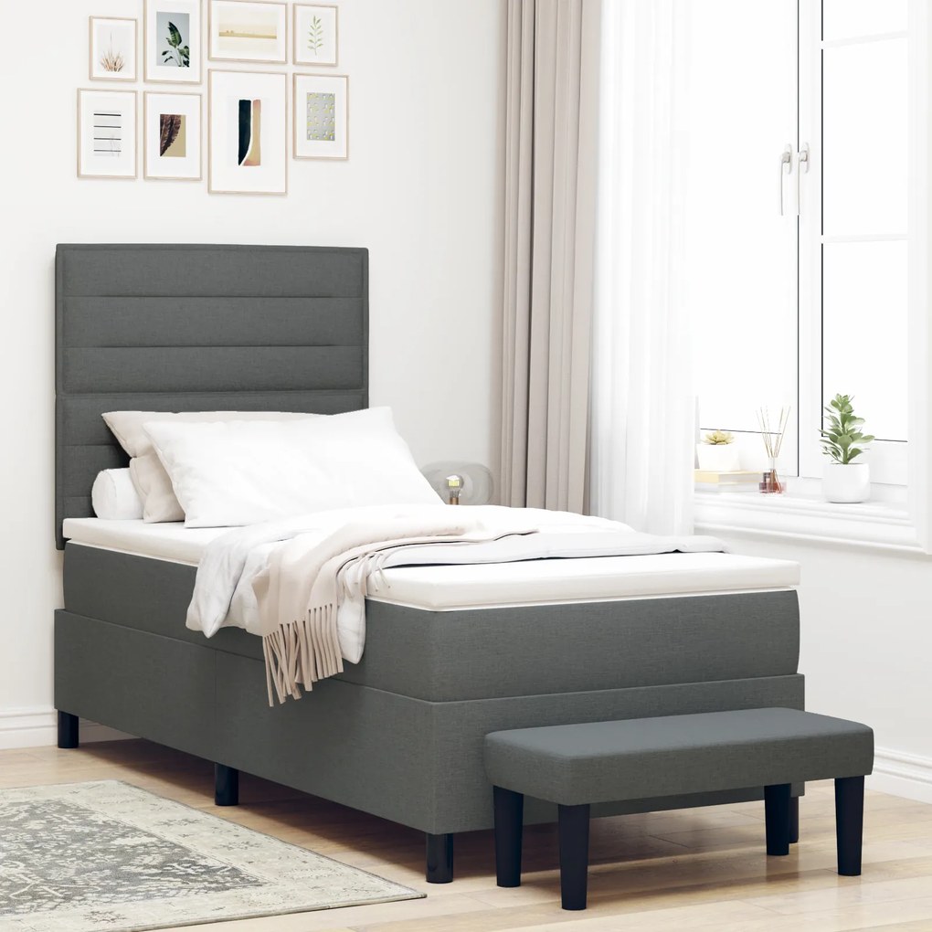 vidaXL Pat cu arcuri cu saltea &amp; bancă gri închis 90x200 cm țesătură