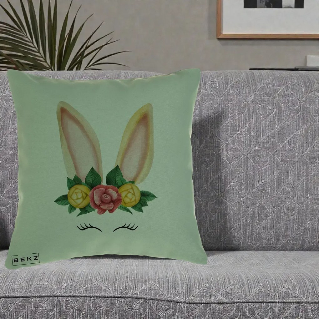 Perna Decorativa Iepuras Flori Urechi Pastelui, 40x40 cm, Verde, Husa Detasabila, Perna Inclusa, BEKZ®