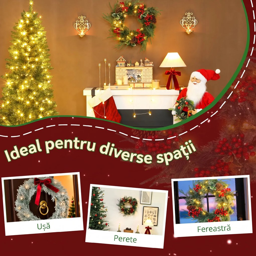 HOMCOM Ghirlandă de Crăciun de 60 cm cu Lumini LED Albe, Coroană de Crăciun cu Temporizator, 170 de Ramuri, Conuri de Pin, Boabe și Vâsc, Decor de Crăciun pentru Ușă și Fereastră, Verde | Aosom Romania