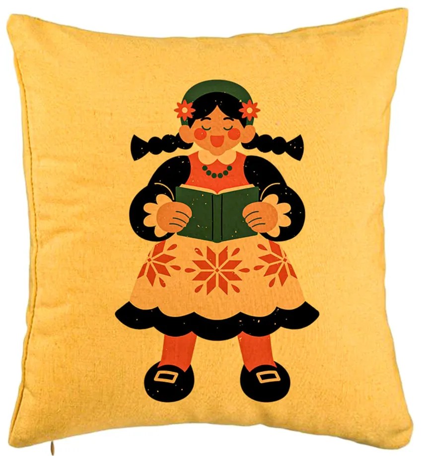 Perna Decorativa, Model Folk, 40x40 cm, Galben, Husa Detasabila, Burduf