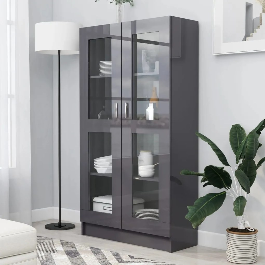 802767 vidaXL Dulap cu vitrină, gri extralucios, 82,5 x 30,5 x 150 cm, PAL