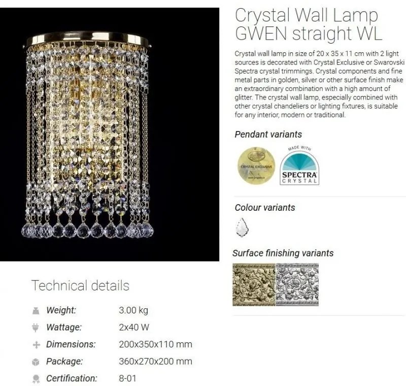 Aplica de perete Cristal Bohemia Exclusive Gwen straight CE