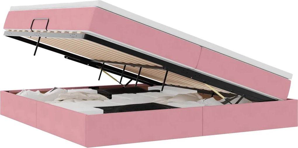 vidaXL Pat cu saltea și spațiu de depozitare Roz 200 x 200 cm Catifea