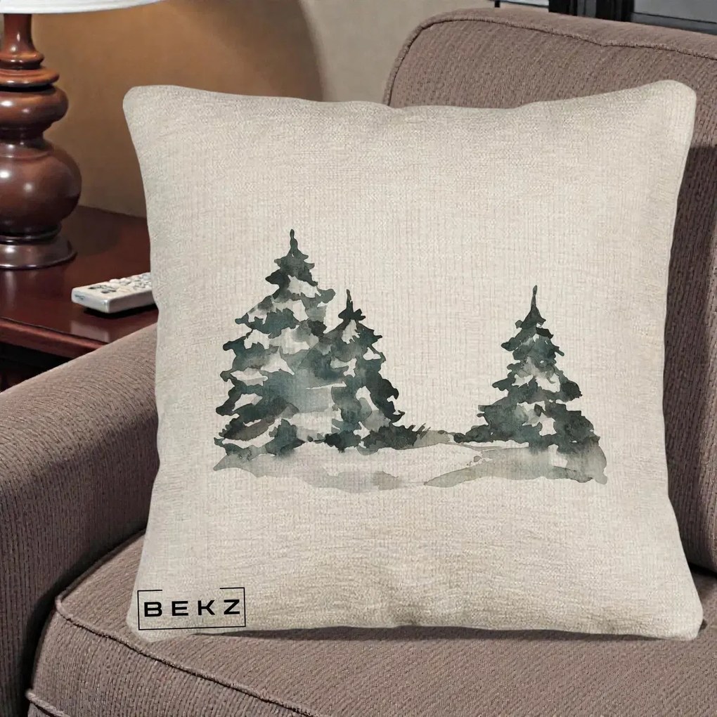 Perna Decorativa Brazi Inzapeziti Acuarela, 40x40 cm, Bej Canapea, Husa Detasabila, Perna Inclusa, BEKZ®