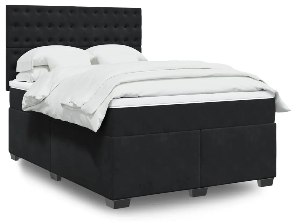 vidaXL Pat box spring cu saltea, negru, 140x200 cm, catifea