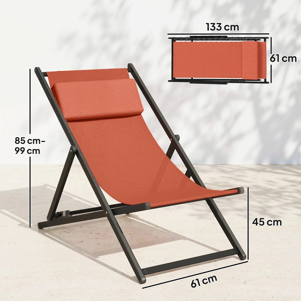 Outsunny Set de 2 șezlonguri, șezlong pliabil cu tetieră din textilene reglabil 60 x 100 x 85 cm, roșu cărămiziu | Aosom Romania