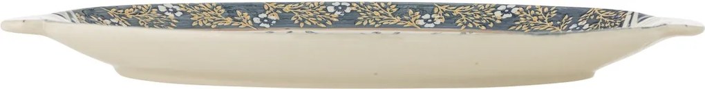 Platou de servire din ceramică albastră cu decor pasăre și model gravat pictat manual, 3,5x34x25 cm, "Hezha"