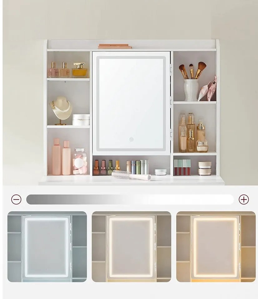 SEA81 - Set Masa toaleta, 90 cm, masa machiaj cu oglinda LED, Organizator Bijuterii, cosmetica, masuta vanity - Alb