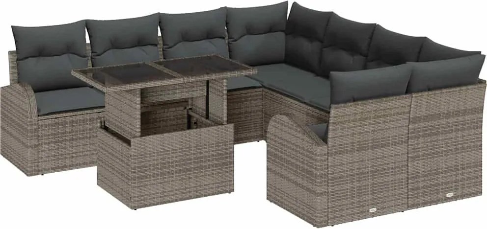 vidaXL Set de canapele pentru grădină cu pernă 9 pcs Gri Poli Rattan